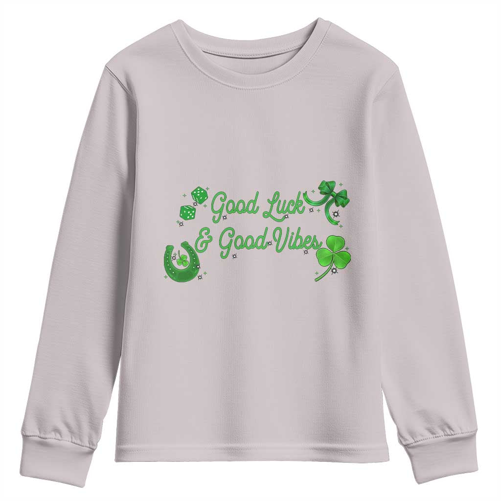 St. Patrick's Day Youth Sweatshirt Good Luck And Good Vibes Shamrock Coquette Bow TS09 Ice Gray Print Your Wear