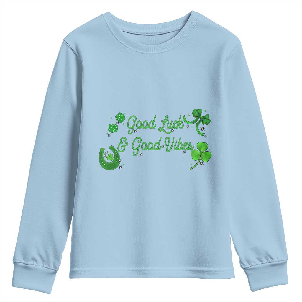 St. Patrick's Day Youth Sweatshirt Good Luck And Good Vibes Shamrock Coquette Bow TS09 Light Blue Print Your Wear