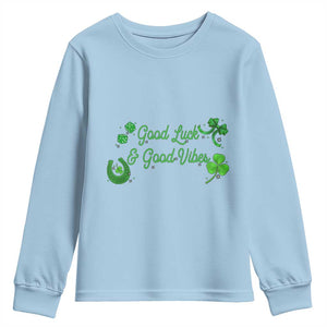St. Patrick's Day Youth Sweatshirt Good Luck And Good Vibes Shamrock Coquette Bow TS09 Light Blue Print Your Wear