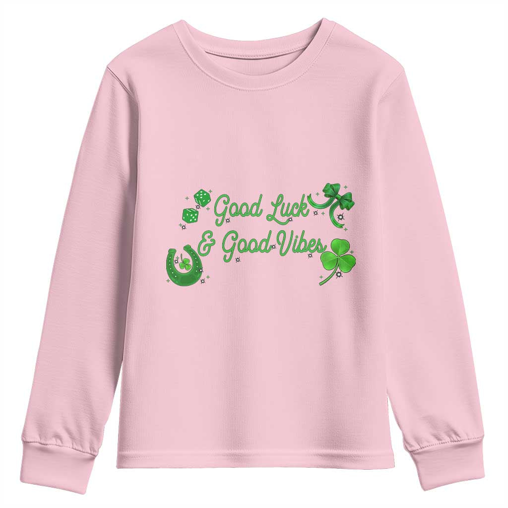 St. Patrick's Day Youth Sweatshirt Good Luck And Good Vibes Shamrock Coquette Bow TS09 Light Pink Print Your Wear