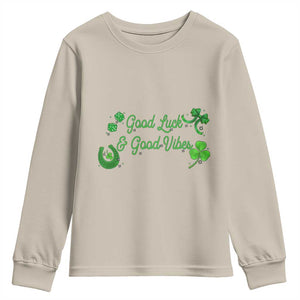 St. Patrick's Day Youth Sweatshirt Good Luck And Good Vibes Shamrock Coquette Bow TS09 Sand Print Your Wear