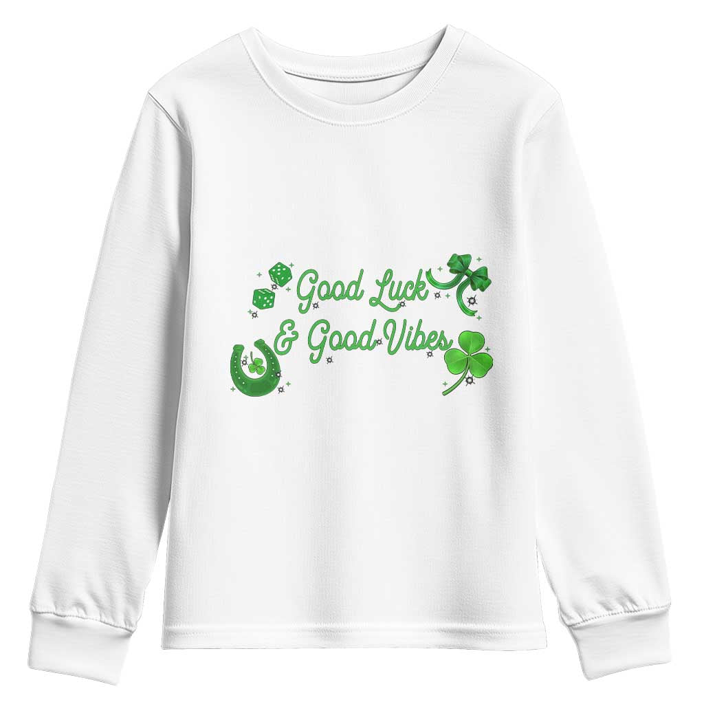 St. Patrick's Day Youth Sweatshirt Good Luck And Good Vibes Shamrock Coquette Bow TS09 White Print Your Wear