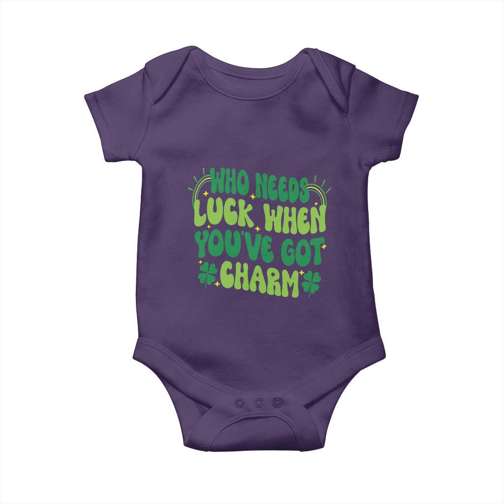 Funny St. Patrick's Day Baby Onesie Who Needs Luck When You're Got Charm TS09 Purple Print Your Wear