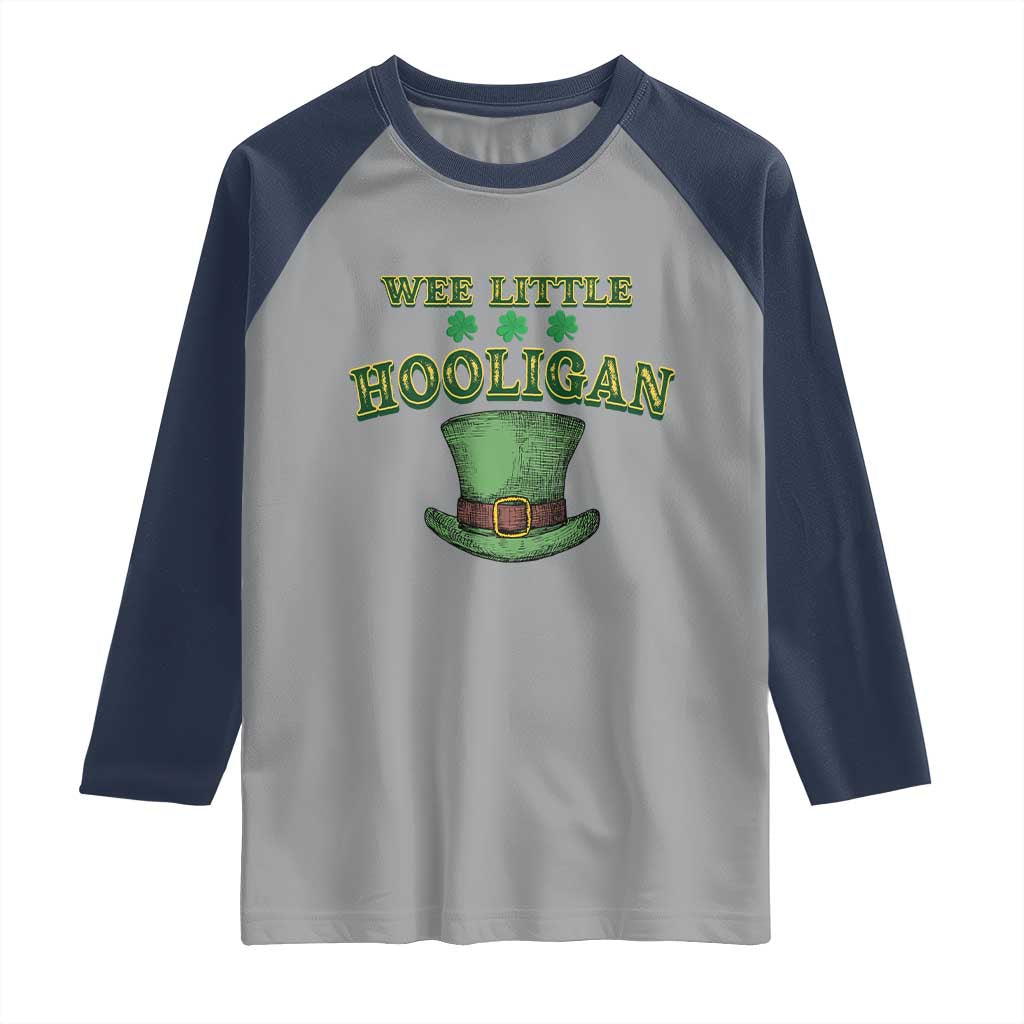 Funny St. Patrick's Day Raglan Shirt Wee Little Hooligan Shamrock Leprechaun Hat TS09 Sport Gray Navy Print Your Wear