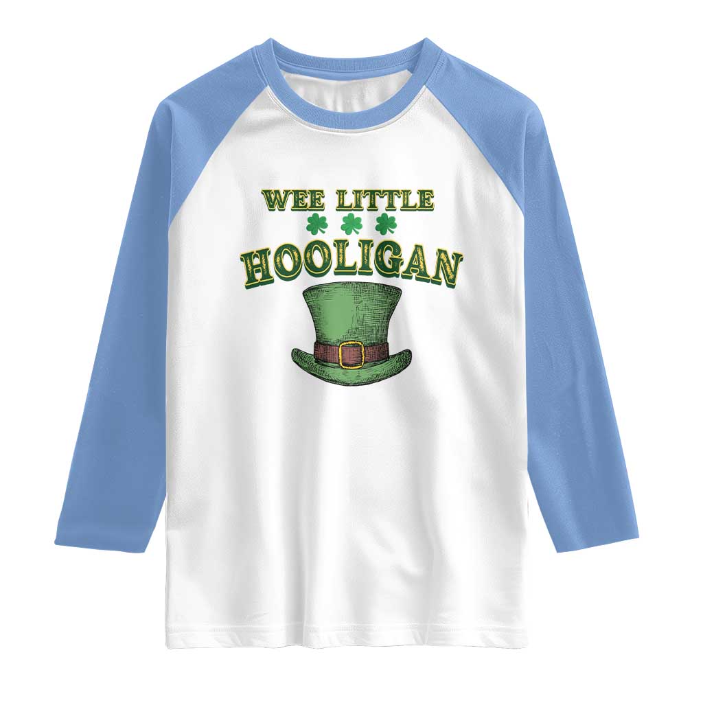 Funny St. Patrick's Day Raglan Shirt Wee Little Hooligan Shamrock Leprechaun Hat TS09 White Carolina Blue Print Your Wear