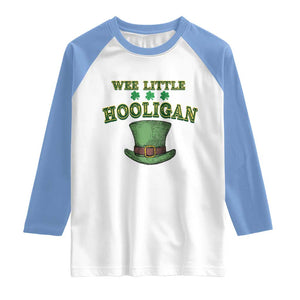 Funny St. Patrick's Day Raglan Shirt Wee Little Hooligan Shamrock Leprechaun Hat TS09 White Carolina Blue Print Your Wear