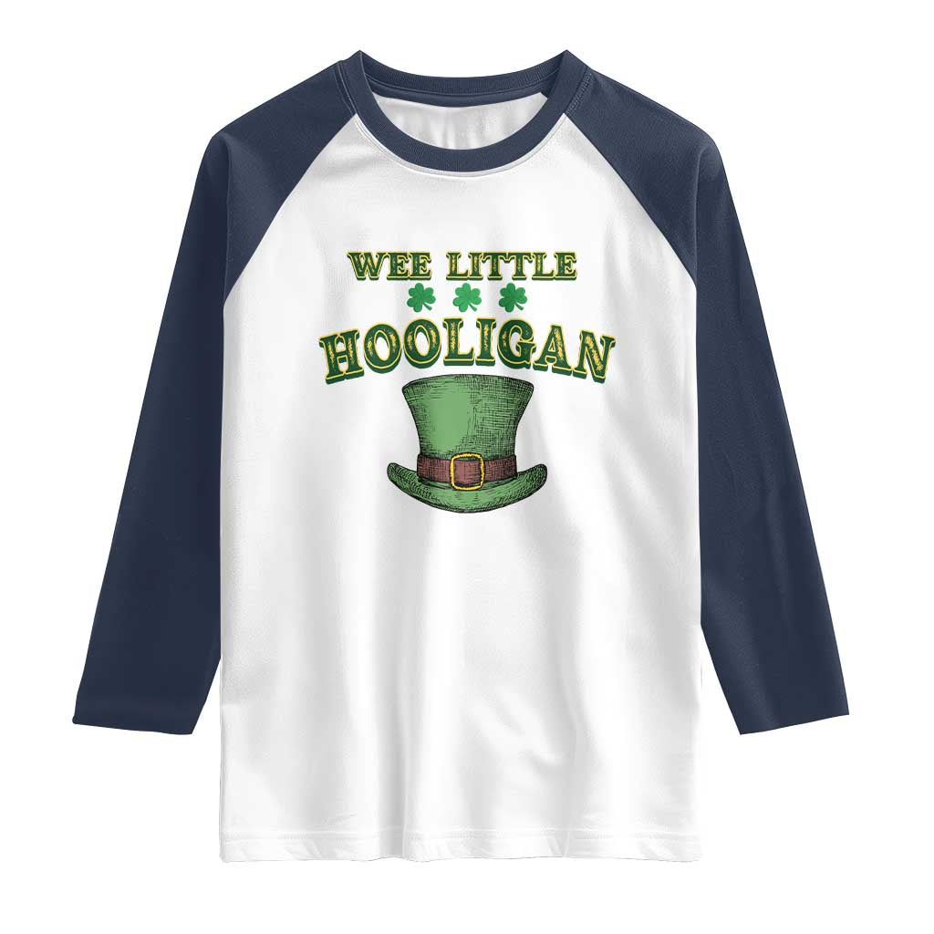Funny St. Patrick's Day Raglan Shirt Wee Little Hooligan Shamrock Leprechaun Hat TS09 White Navy Print Your Wear