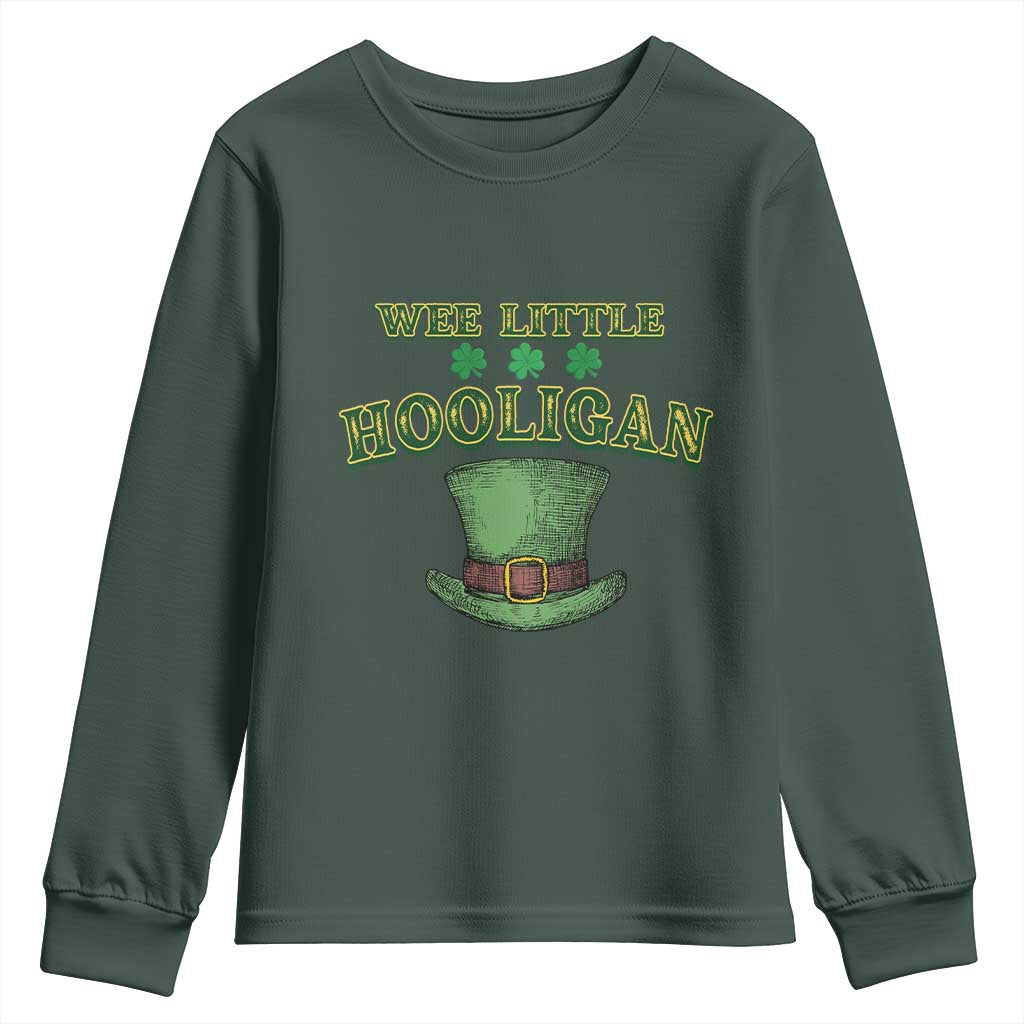 Funny St. Patrick's Day Youth Sweatshirt Wee Little Hooligan Shamrock Leprechaun Hat TS09 Dark Forest Green Print Your Wear