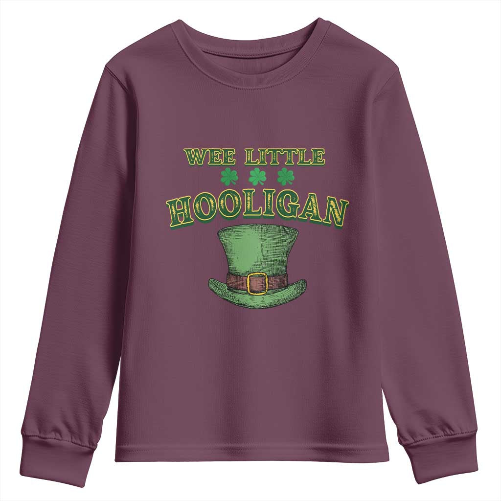 Funny St. Patrick's Day Youth Sweatshirt Wee Little Hooligan Shamrock Leprechaun Hat TS09 Maroon Print Your Wear