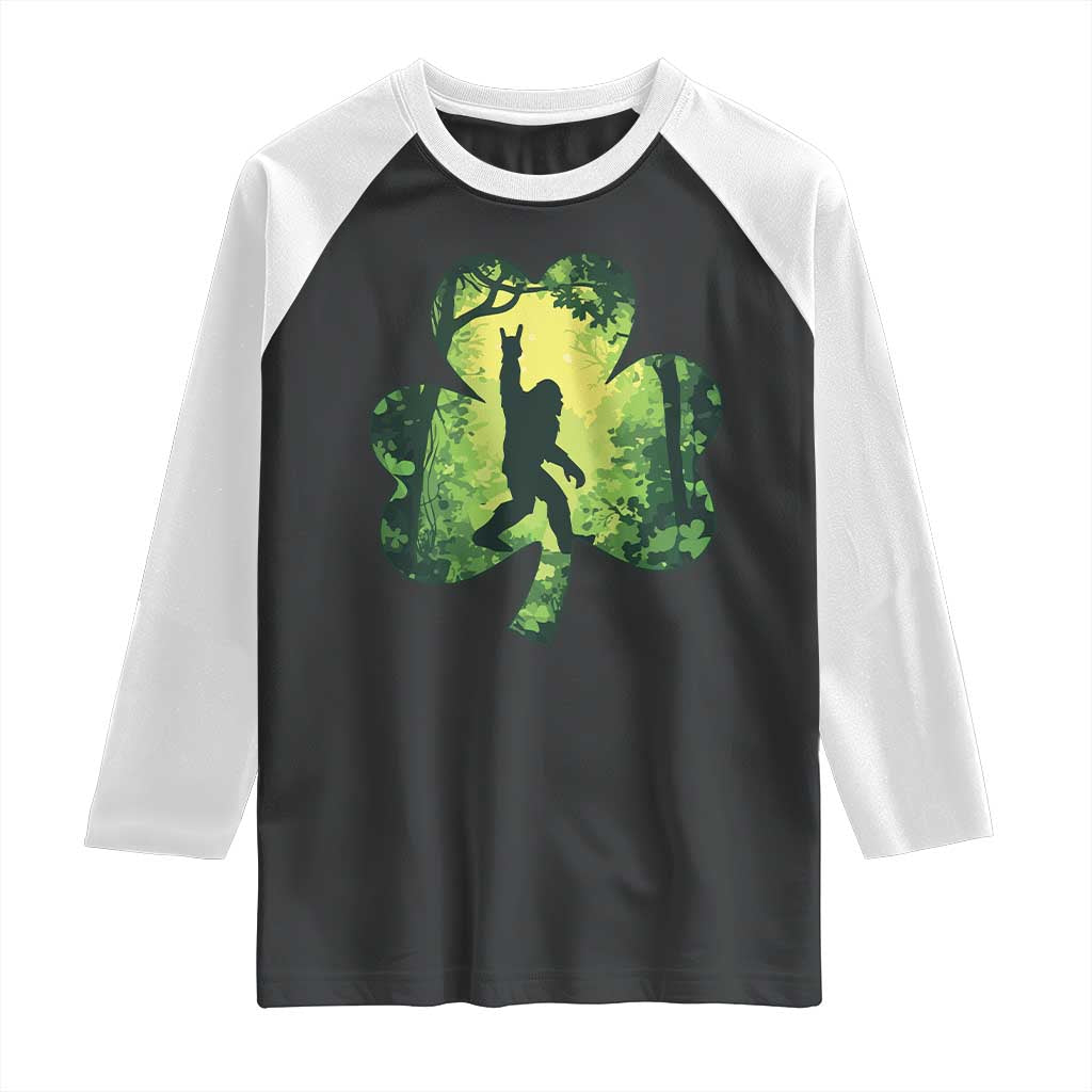 Funny St. Patrick's Day Bigfoot Raglan Shirt Sasquatch Shamrock Irish TS09 Black White Print Your Wear