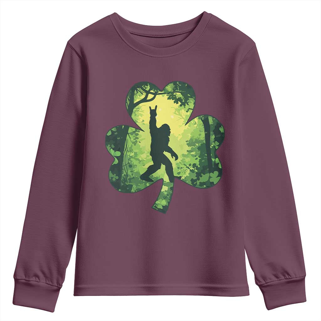 Funny St. Patrick's Day Bigfoot Youth Sweatshirt Sasquatch Shamrock Irish TS09 Maroon Print Your Wear