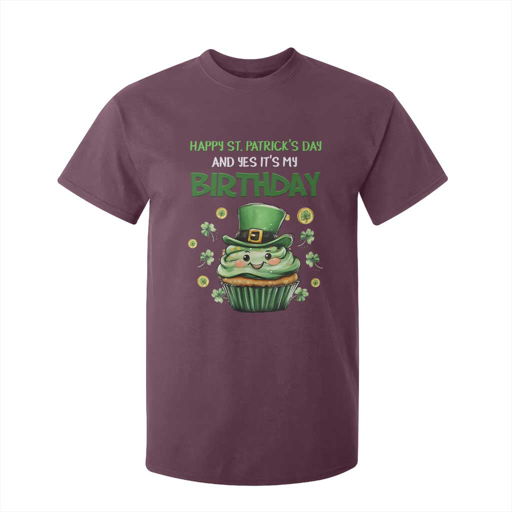 Funny St. Patrick's Day And Birthday T Shirt For Kid Shamrock Cupcake Leprechaun TS09 Maroon Print Your Wear