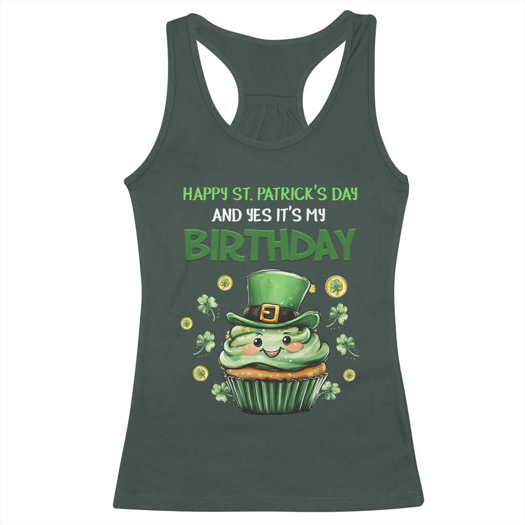 Funny St. Patrick's Day And Birthday Racerback Tank Top Shamrock Cupcake Leprechaun TS09 Dark Forest Green Print Your Wear