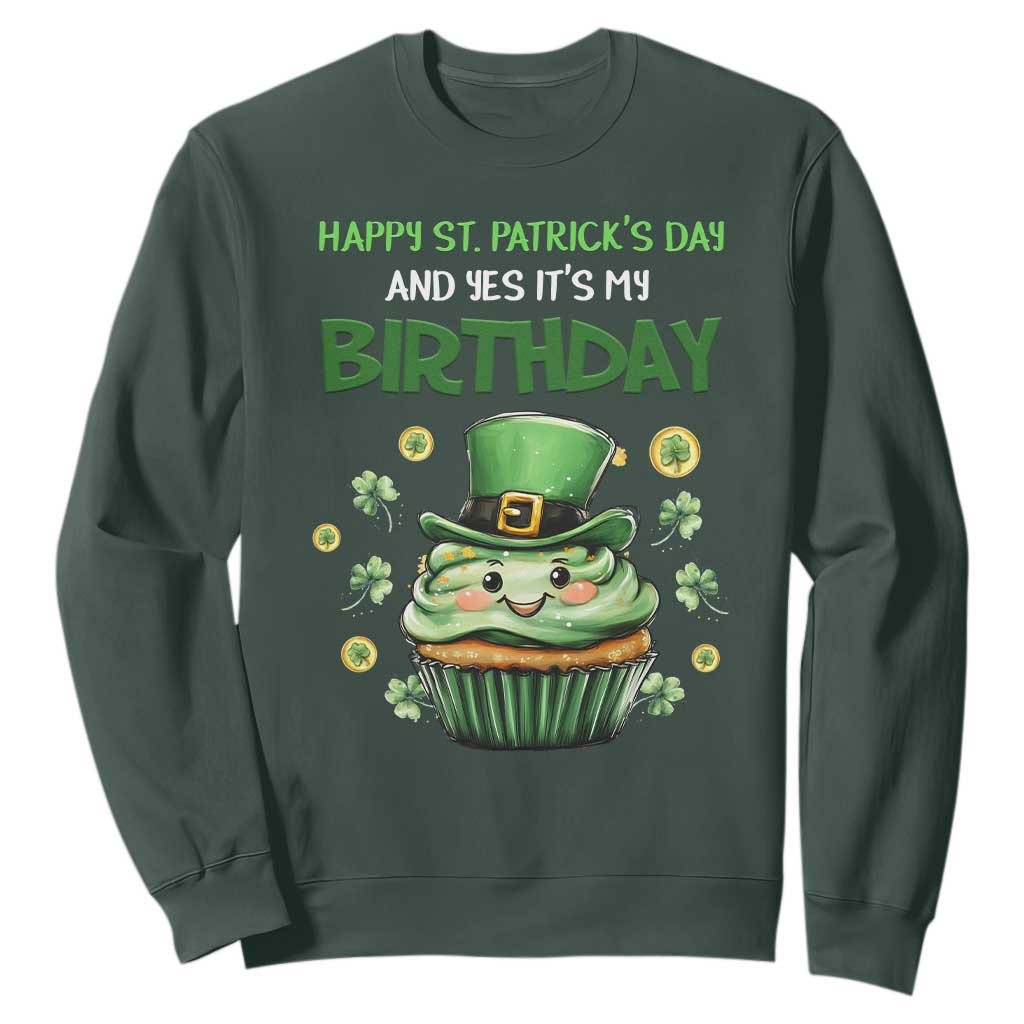 Funny St. Patrick's Day And Birthday Sweatshirt Shamrock Cupcake Leprechaun TS09 Dark Forest Green Print Your Wear