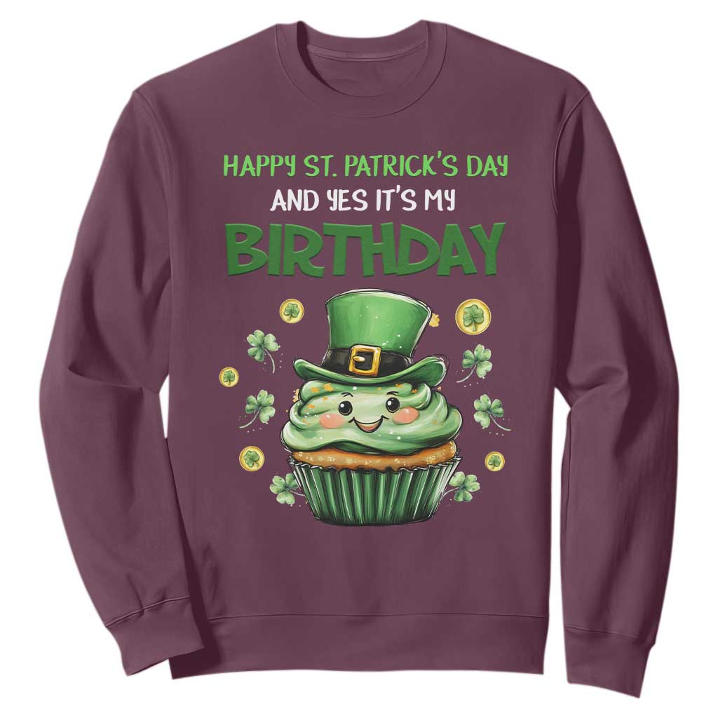 Funny St. Patrick's Day And Birthday Sweatshirt Shamrock Cupcake Leprechaun TS09 Maroon Print Your Wear