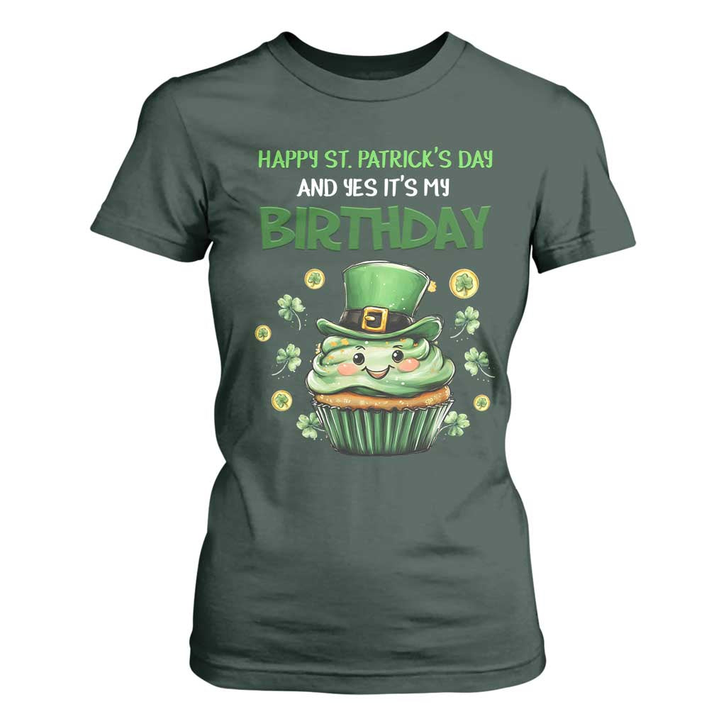 Funny St. Patrick's Day And Birthday T Shirt For Women Shamrock Cupcake Leprechaun TS09 Dark Forest Green Print Your Wear