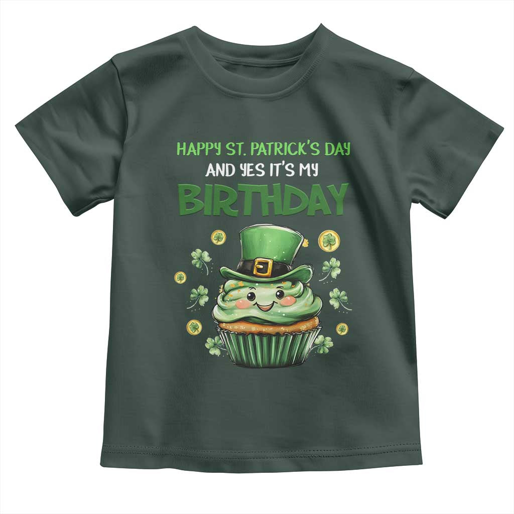 Funny St. Patrick's Day And Birthday Toddler T Shirt Shamrock Cupcake Leprechaun TS09 Dark Forest Green Print Your Wear