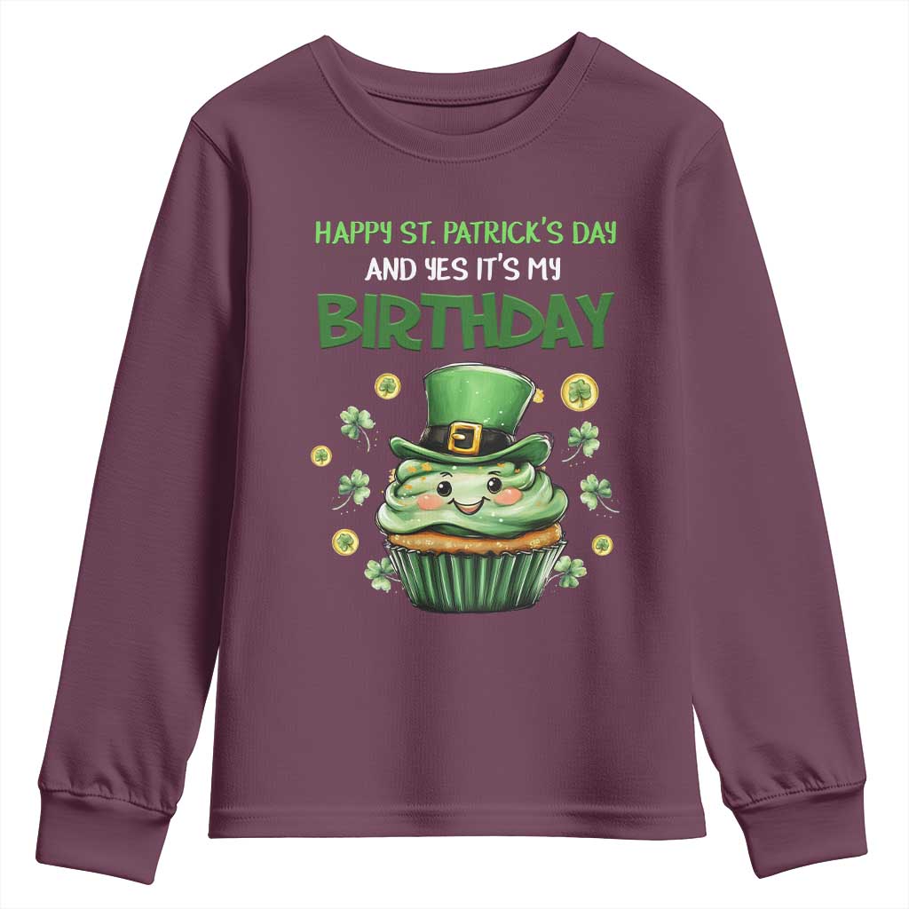 Funny St. Patrick's Day And Birthday Youth Sweatshirt Shamrock Cupcake Leprechaun TS09 Maroon Print Your Wear