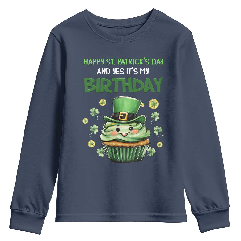 Funny St. Patrick's Day And Birthday Youth Sweatshirt Shamrock Cupcake Leprechaun TS09 Navy Print Your Wear