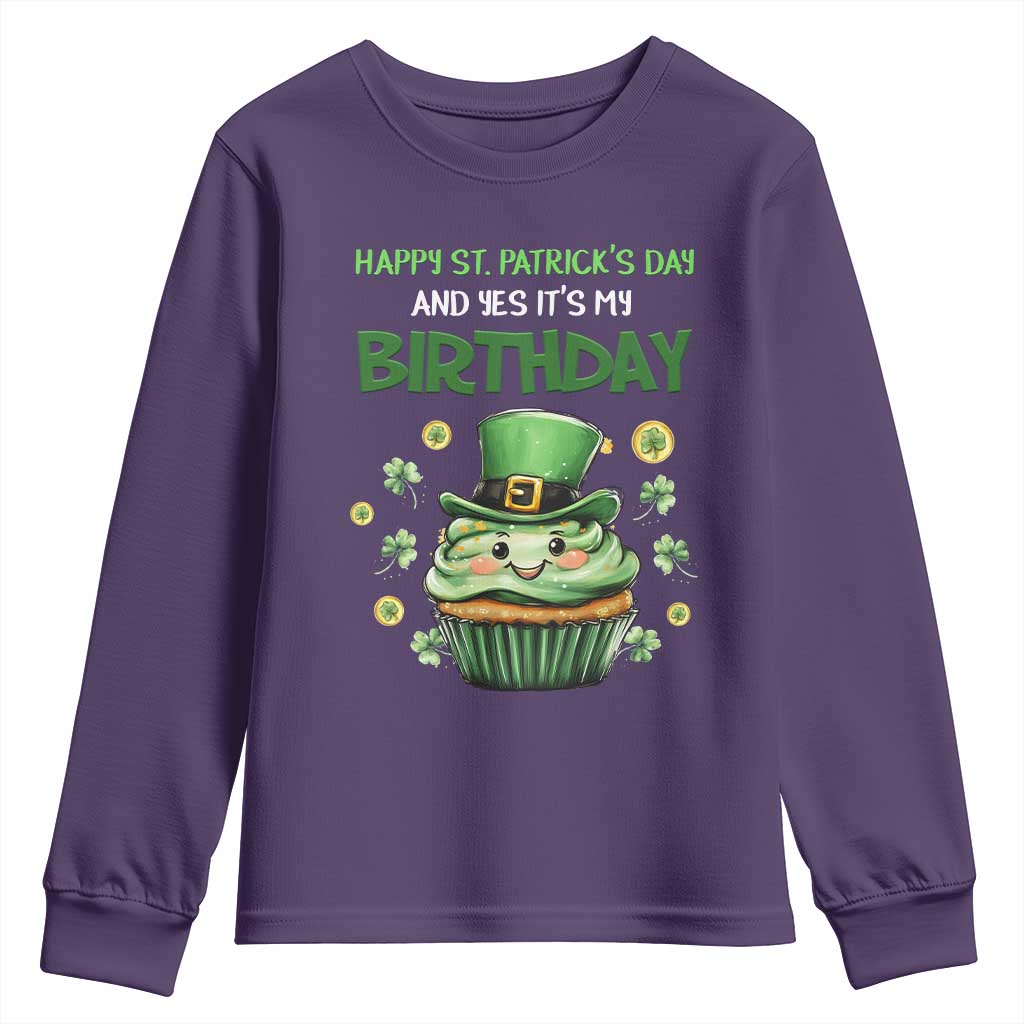 Funny St. Patrick's Day And Birthday Youth Sweatshirt Shamrock Cupcake Leprechaun TS09 Purple Print Your Wear