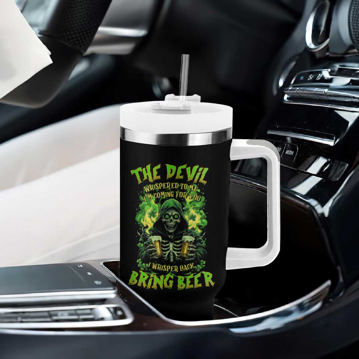 Funny Irish Beer Tumbler With Handle The Devil Whispered I'm Coming For You I Whisper Back Bring Beer TS09 Print Your Wear