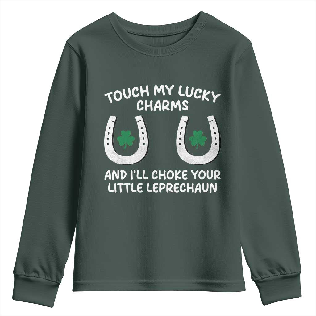 Funny St. Patrick's Day Youth Sweatshirt Touch My Lucky Charm TS09 Dark Forest Green Print Your Wear