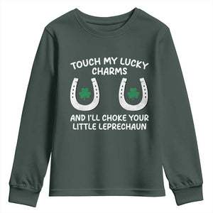 Funny St. Patrick's Day Youth Sweatshirt Touch My Lucky Charm TS09 Dark Forest Green Print Your Wear