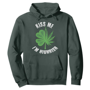 Funny St. Patrick's Day Cannabis Hoodie Kiss Me I'm Highrish TS09 Dark Forest Green Print Your Wear