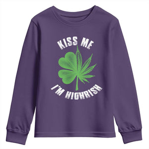 Funny St. Patrick's Day Cannabis Youth Sweatshirt Kiss Me I'm Highrish TS09 Purple Print Your Wear