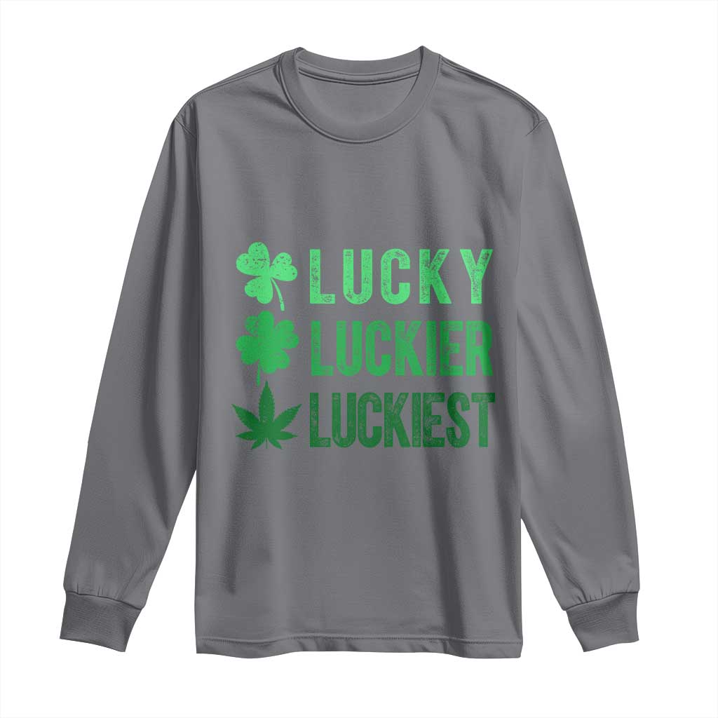 Funny St. Patrick's Day Weed Long Sleeve Shirt Lucky Luckiest Cannabis Shamrock TS09 Charcoal Print Your Wear