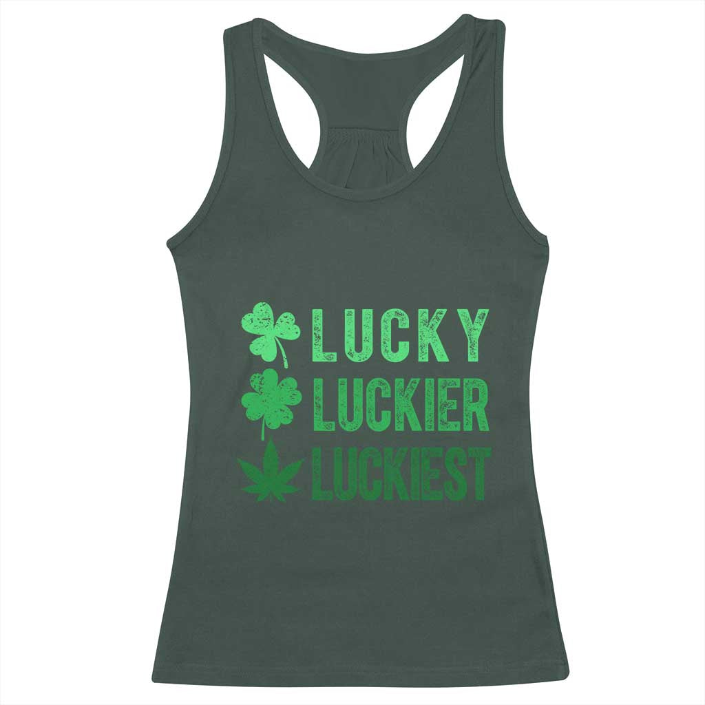 Funny St. Patrick's Day Weed Racerback Tank Top Lucky Luckiest Cannabis Shamrock TS09 Dark Forest Green Print Your Wear