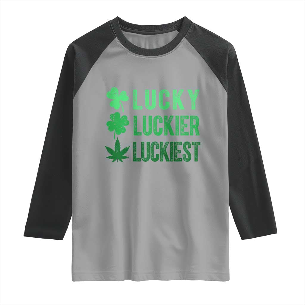 Funny St. Patrick's Day Weed Raglan Shirt Lucky Luckiest Cannabis Shamrock TS09 Sport Gray Black Print Your Wear