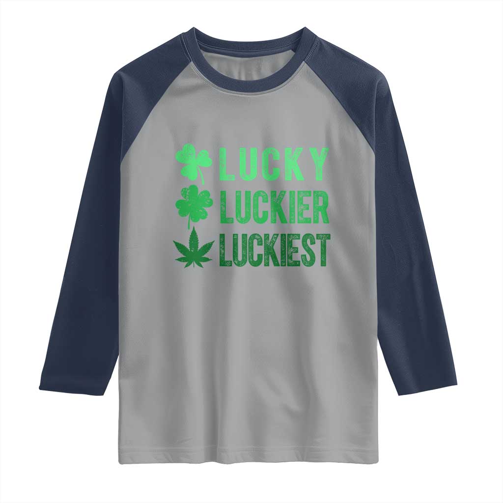 Funny St. Patrick's Day Weed Raglan Shirt Lucky Luckiest Cannabis Shamrock TS09 Sport Gray Navy Print Your Wear