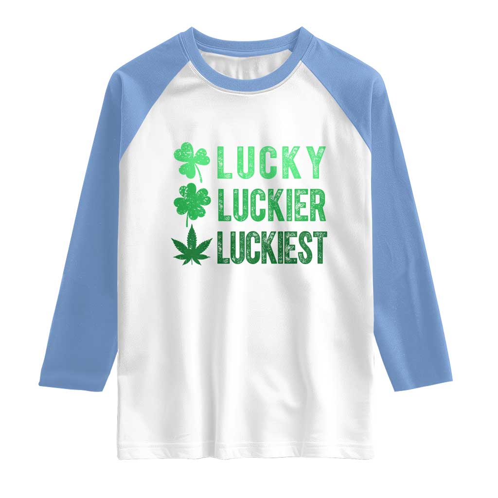 Funny St. Patrick's Day Weed Raglan Shirt Lucky Luckiest Cannabis Shamrock TS09 White Carolina Blue Print Your Wear