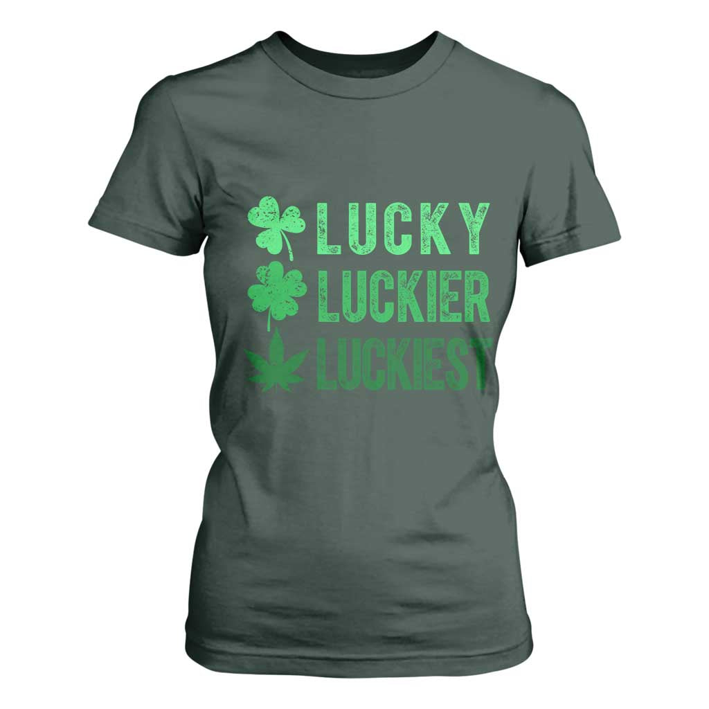 Funny St. Patrick's Day Weed T Shirt For Women Lucky Luckiest Cannabis Shamrock TS09 Dark Forest Green Print Your Wear