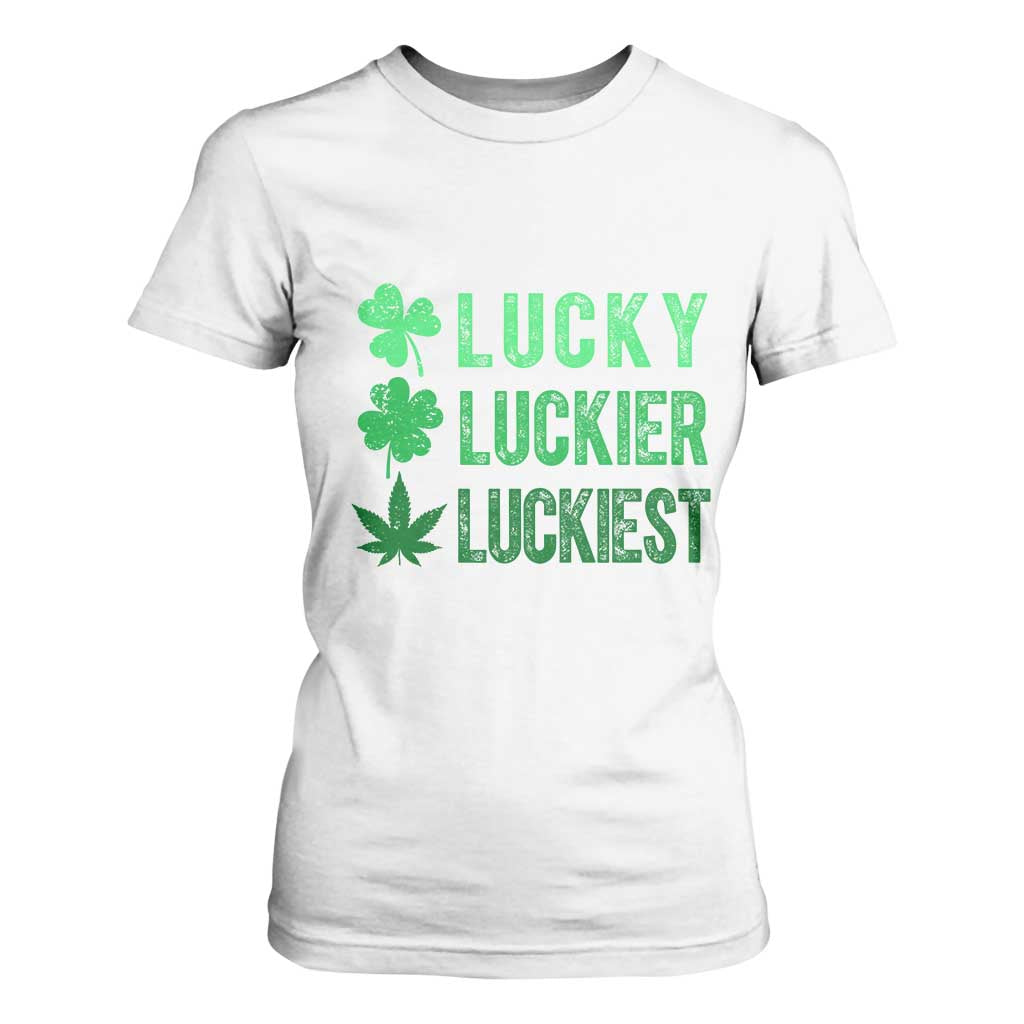 Funny St. Patrick's Day Weed T Shirt For Women Lucky Luckiest Cannabis Shamrock TS09 White Print Your Wear