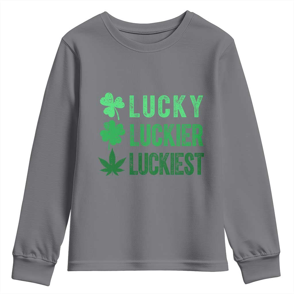 Funny St. Patrick's Day Weed Youth Sweatshirt Lucky Luckiest Cannabis Shamrock TS09 Charcoal Print Your Wear