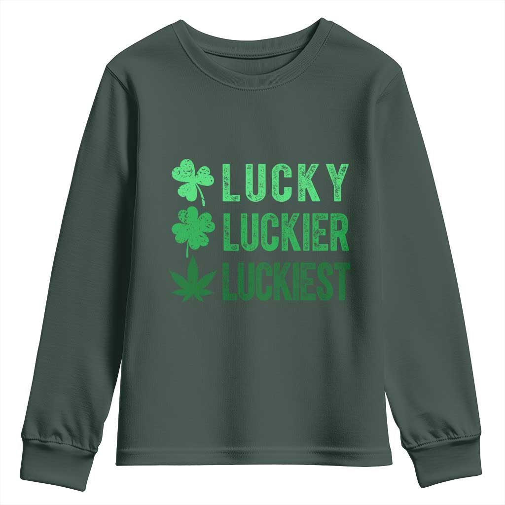 Funny St. Patrick's Day Weed Youth Sweatshirt Lucky Luckiest Cannabis Shamrock TS09 Dark Forest Green Print Your Wear