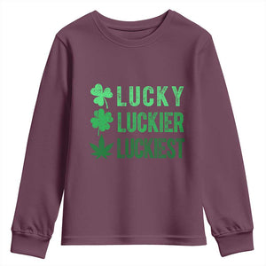 Funny St. Patrick's Day Weed Youth Sweatshirt Lucky Luckiest Cannabis Shamrock TS09 Maroon Print Your Wear