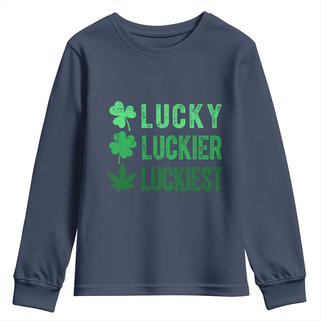 Funny St. Patrick's Day Weed Youth Sweatshirt Lucky Luckiest Cannabis Shamrock TS09 Navy Print Your Wear