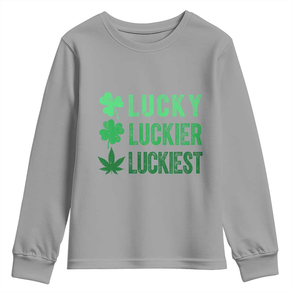 Funny St. Patrick's Day Weed Youth Sweatshirt Lucky Luckiest Cannabis Shamrock TS09 Sport Gray Print Your Wear