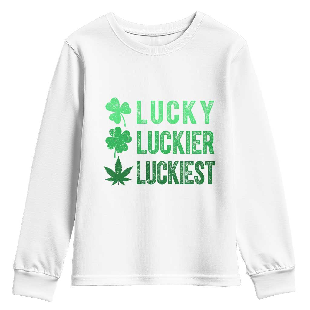 Funny St. Patrick's Day Weed Youth Sweatshirt Lucky Luckiest Cannabis Shamrock TS09 White Print Your Wear