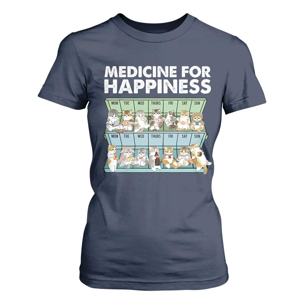 Mental Health T Shirt For Women Medicine For Happiness Cute Cat TS09 Navy Print Your Wear