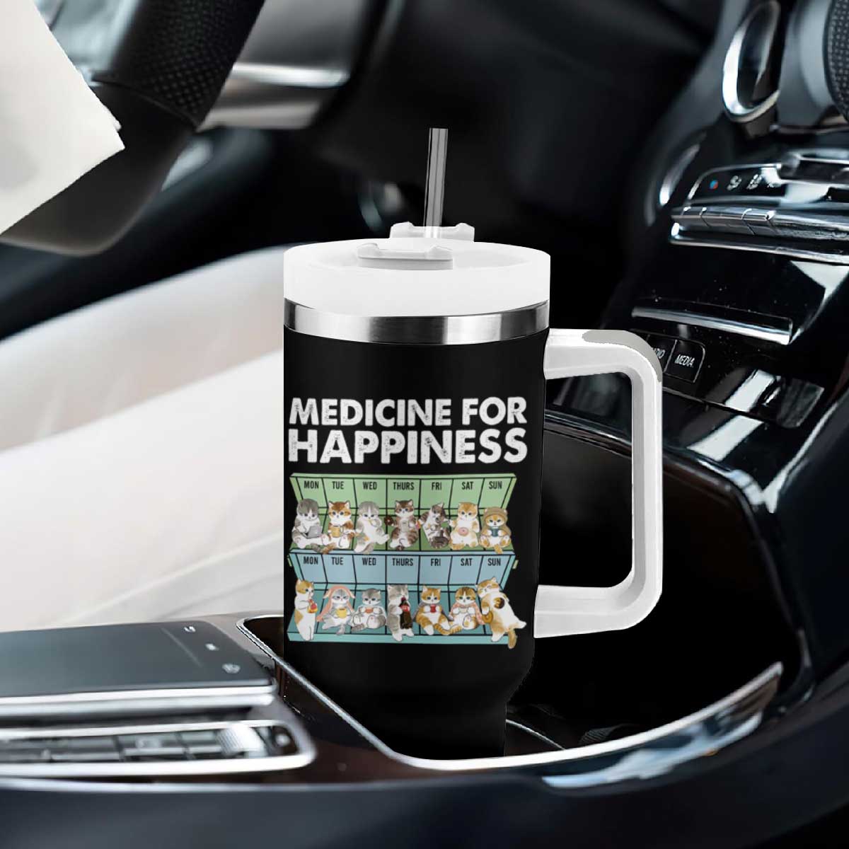 Mental Health Tumbler With Handle Medicine For Happiness Cute Cat TS09 Print Your Wear