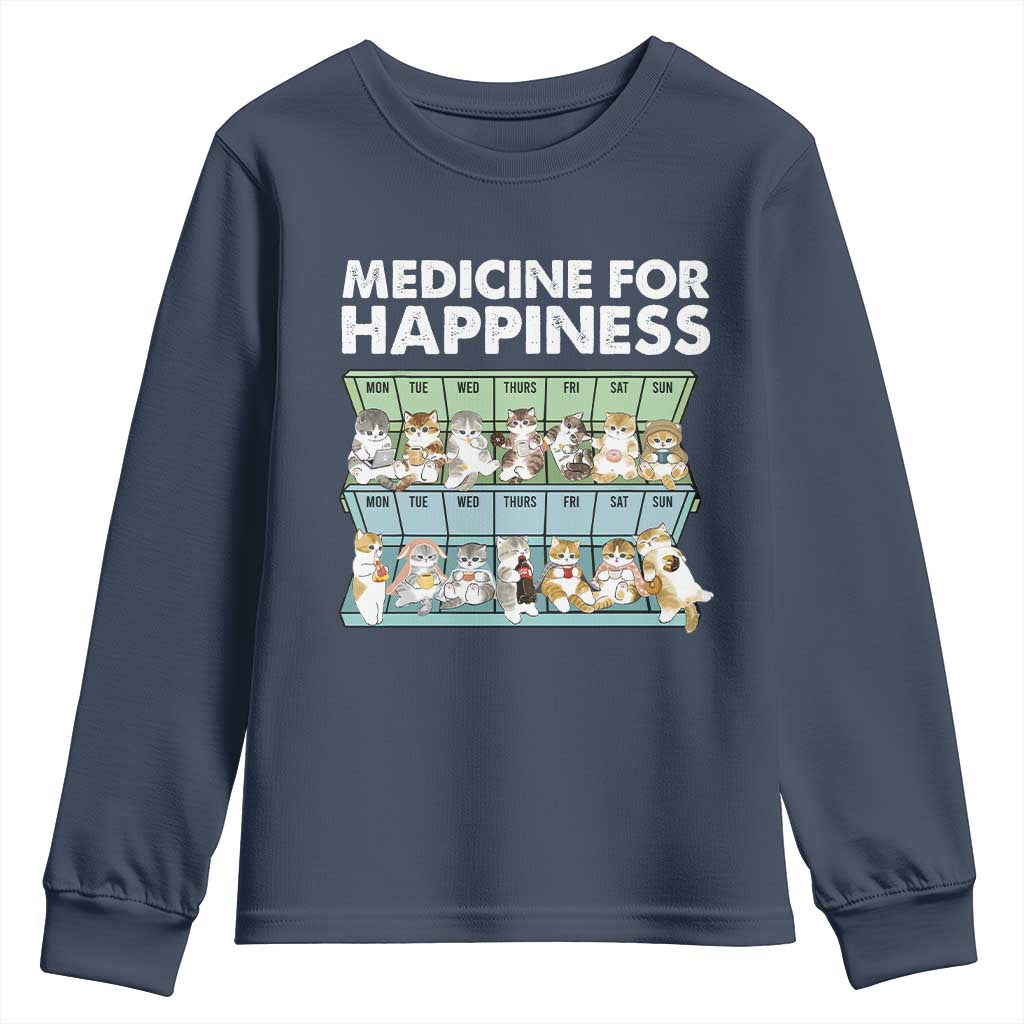 Mental Health Youth Sweatshirt Medicine For Happiness Cute Cat TS09 Navy Print Your Wear