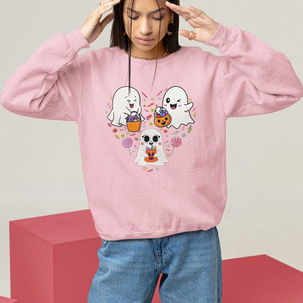 Halloween Sweatshirt Cute Ghost Dancing In The Candy Rain Spooky Season TS09 Light Pink Print Your Wear