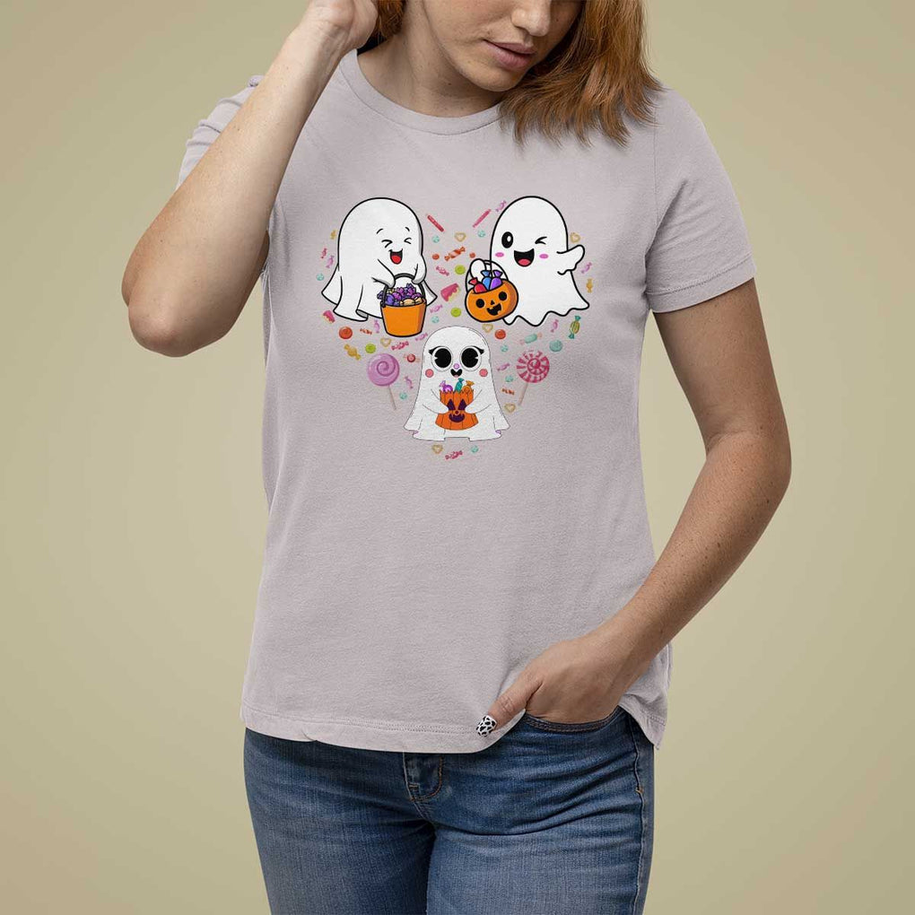 Halloween T Shirt For Women Cute Ghost Dancing In The Candy Rain Spooky Season TS09 Ice Gray Print Your Wear