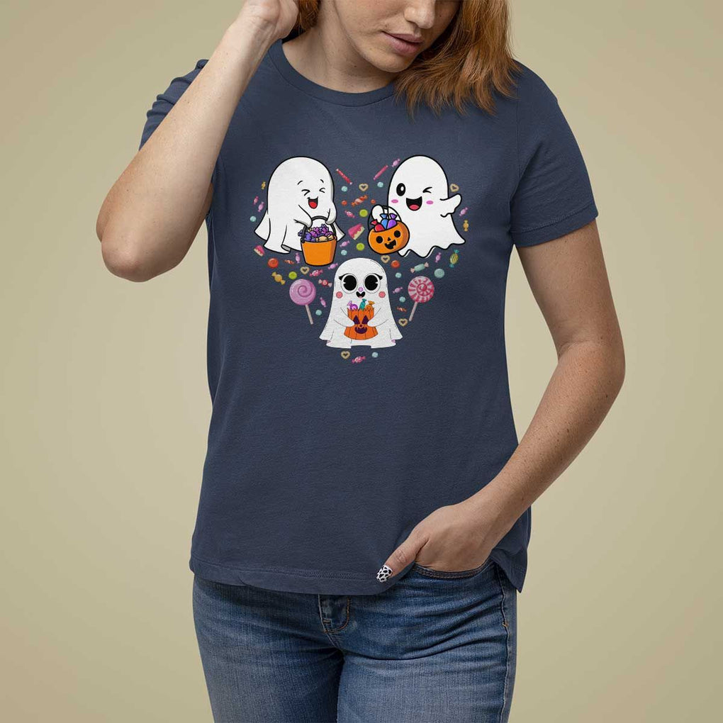 Halloween T Shirt For Women Cute Ghost Dancing In The Candy Rain Spooky Season TS09 Navy Print Your Wear
