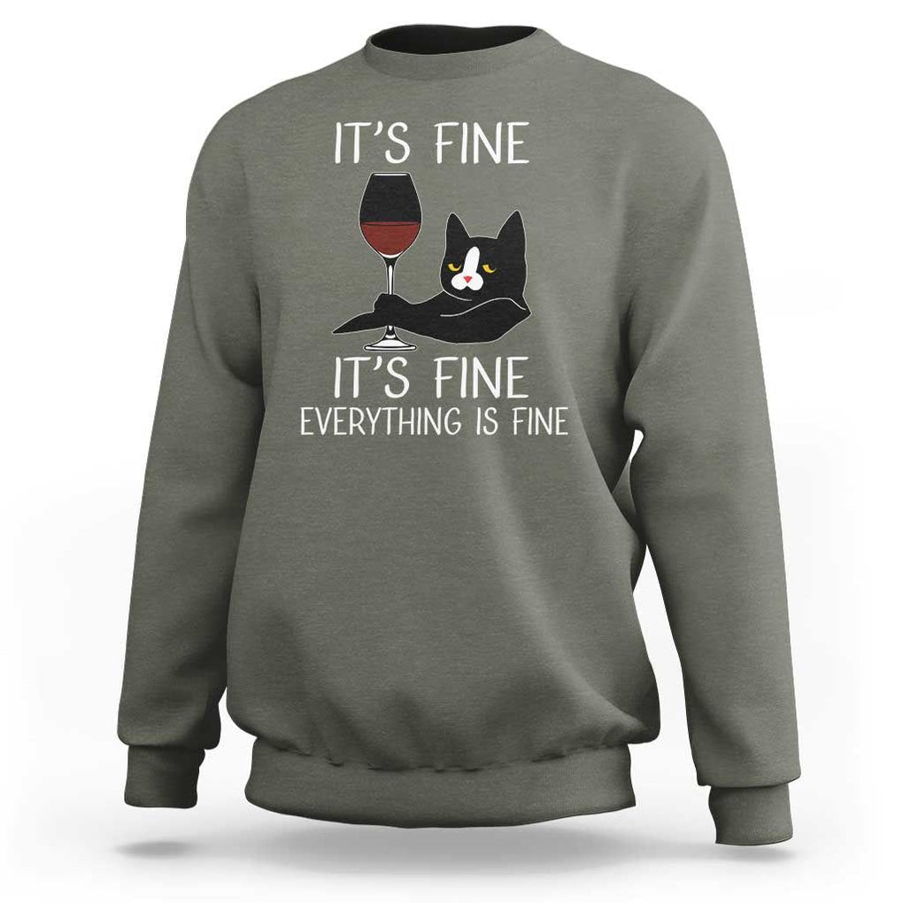 Cat Lover Sweatshirt It's Fine I'm Fine Everything is Fine Funny Black Cat TS09 Military Green Print Your Wear