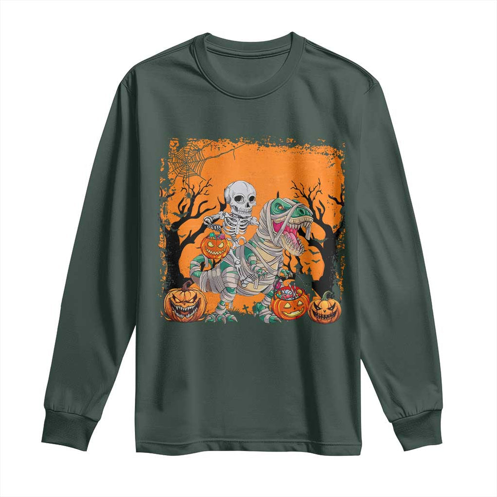 Funny Halloween Skeleton Riding Dinosaur Long Sleeve Shirt TS09 Dark Forest Green Print Your Wear